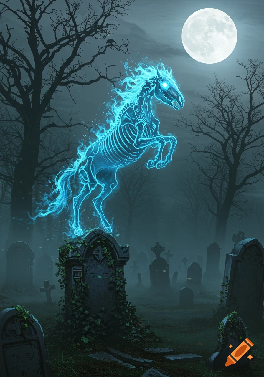 A glowing blue skeletal horse rears on a mossy tombstone in a misty graveyard under a full moon, with bare trees.