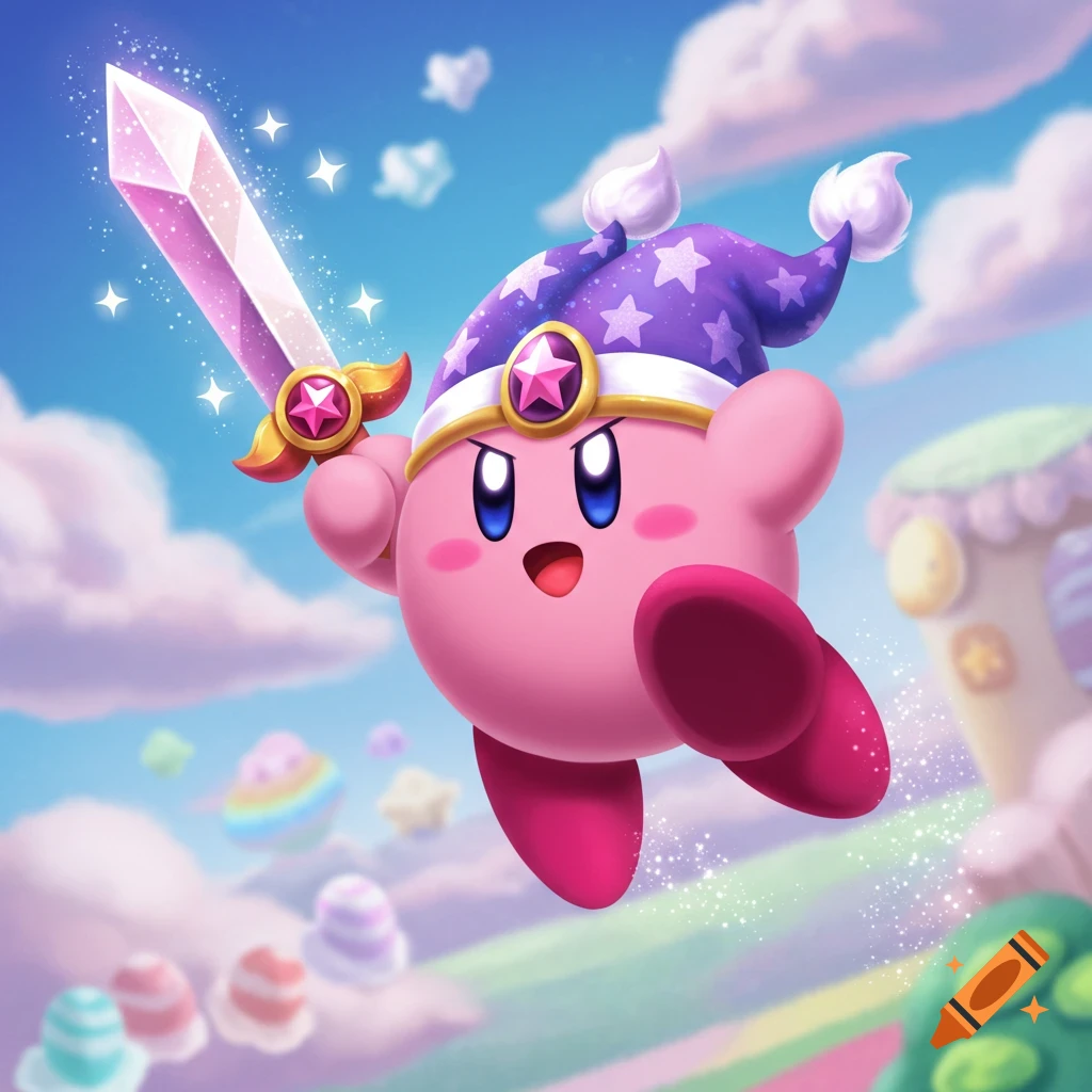 Kirby floats with a sparkling pink crystal sword and a purple wizard hat in a pastel fantasy sky.