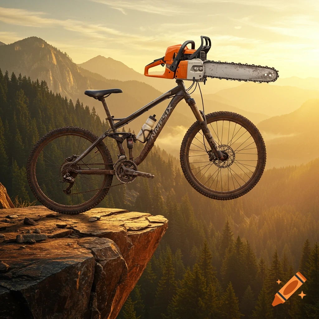 A mountain bike with a chainsaw mounted on the handlebars hovers over a rocky cliff edge, overlooking a vast forest valley at sunset.