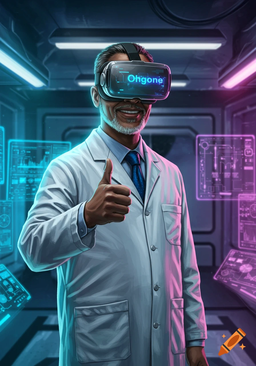 Smiling man in a lab coat and VR headset gives a thumbs-up in a futuristic lab, digital illustration.