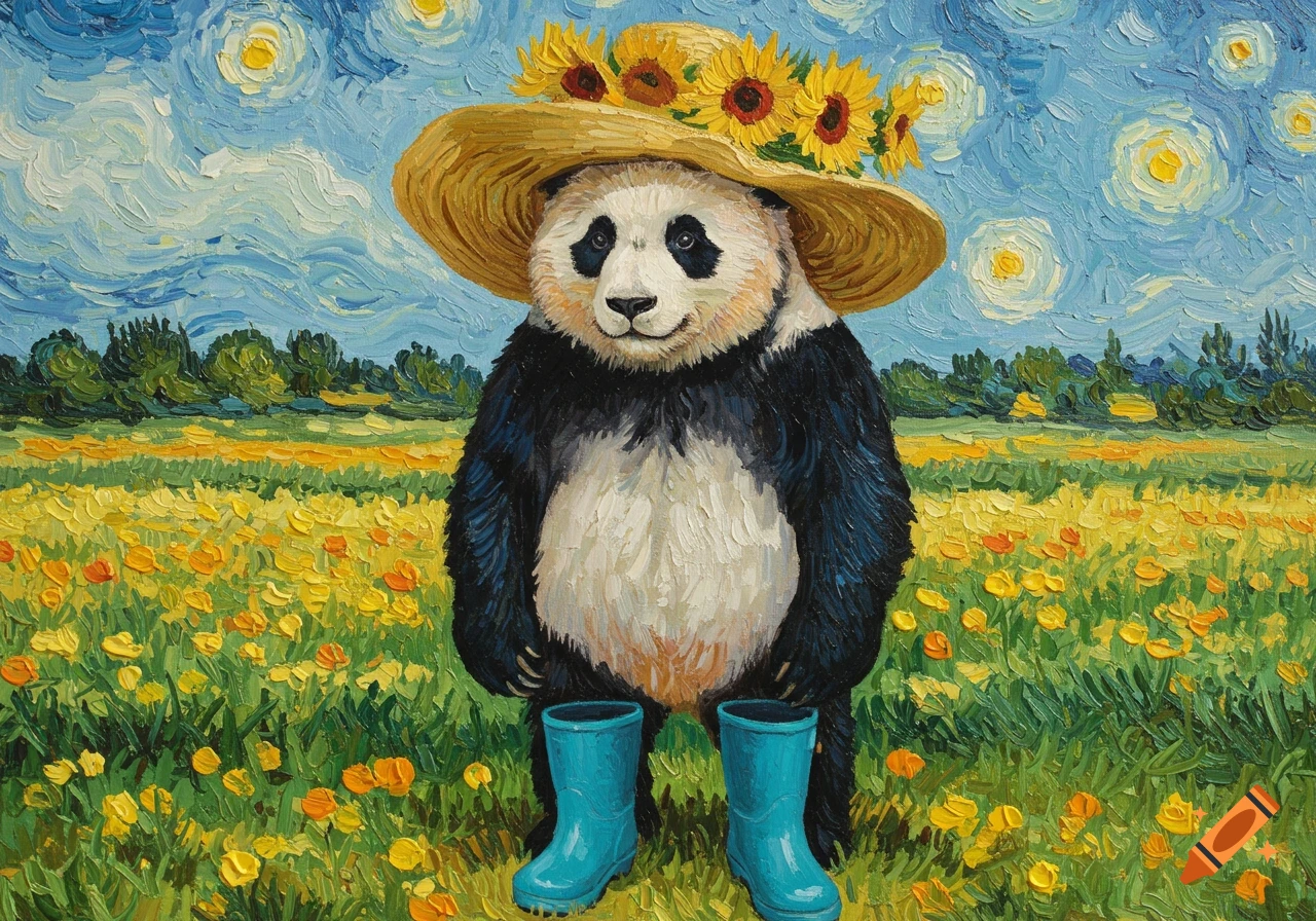 A panda wearing a straw hat with sunflowers and blue wellies stands in a field of yellow flowers under a swirling blue sky, in a Van Gogh style painting.