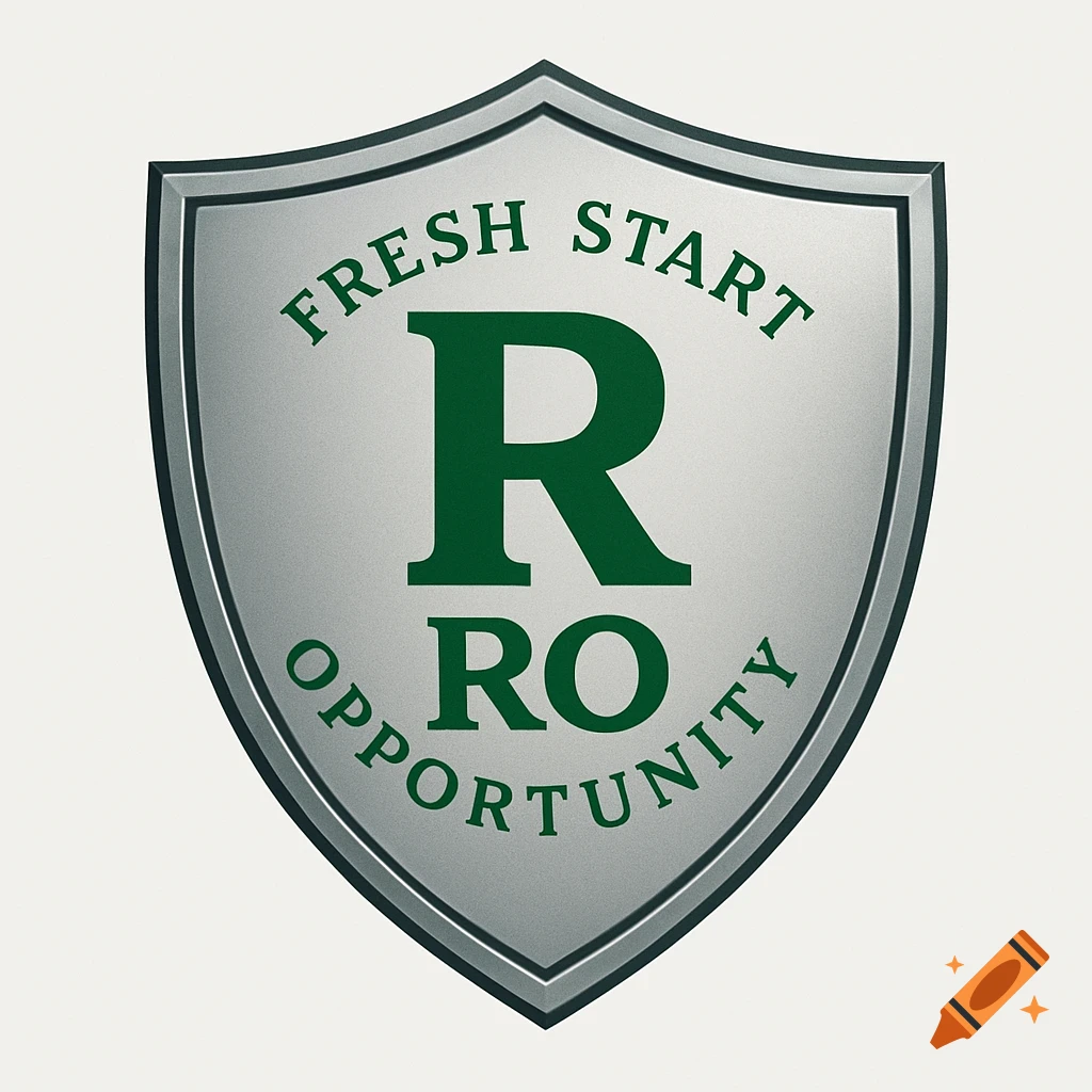 A silver shield logo with a green border. Inside, the large letter 'R' is above 'RO', both in dark green. Curved around the top is 'FRESH START' and around the bottom is 'OPPORTUNITY', also in dark green.