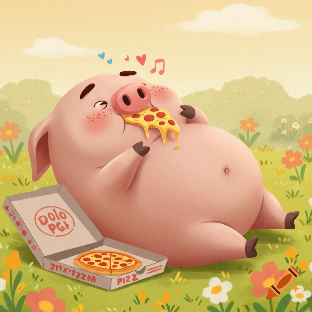 A cute, chubby pink pig lies in a grassy field, happily eating a slice of pizza from a box in a cartoon style.