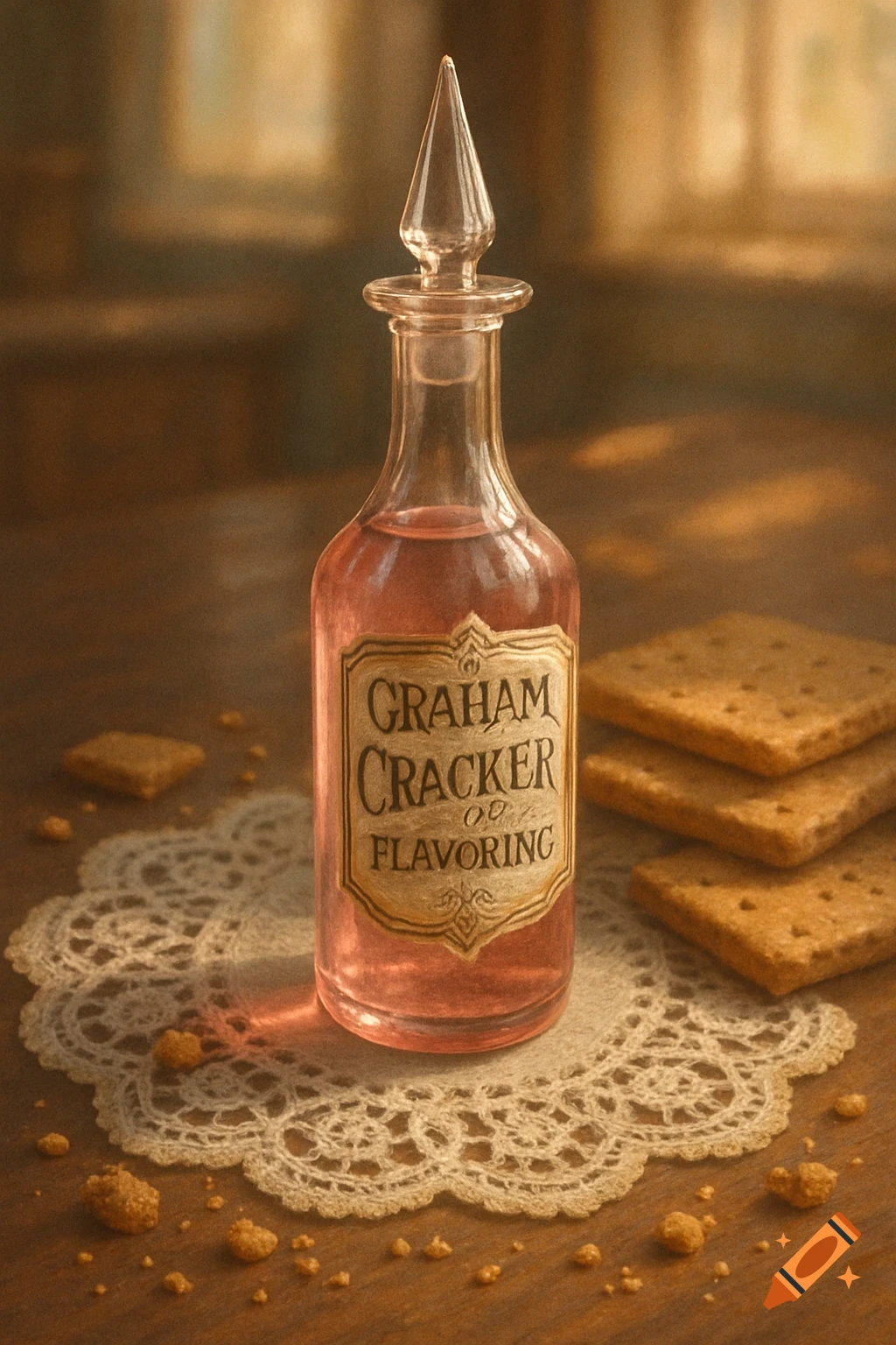 A photorealistic still life of a glass bottle labeled 'Graham Cracker Flavoring' with pink liquid, surrounded by graham crackers, crumbs, and a lace doily.