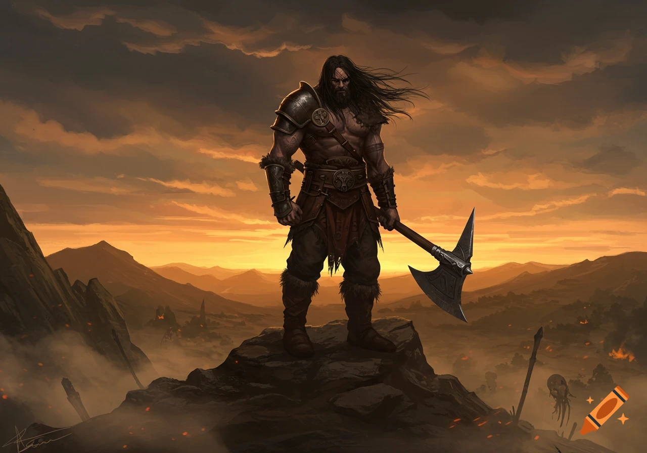 A muscular barbarian warrior with long hair and an axe stands on a rocky peak overlooking a fiery sunset, digital art.