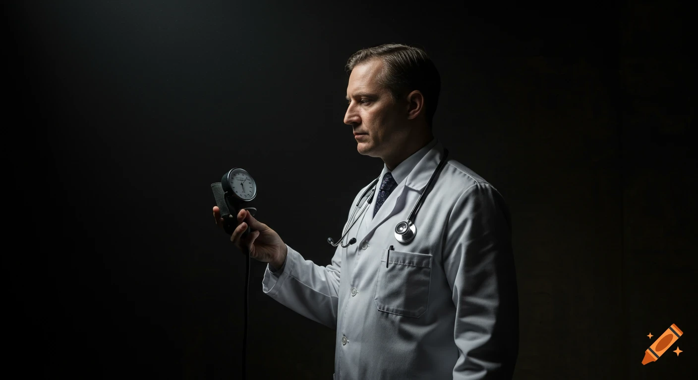 A pensive male doctor in a white lab coat and stethoscope holds an old analog blood pressure monitor in his hand, looking down at it. Dramatic lighting with a dark background.