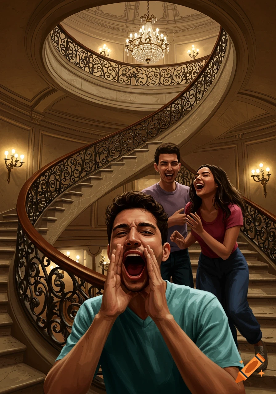 A man shouts as two others laugh behind him on a grand spiral staircase in an opulent building.