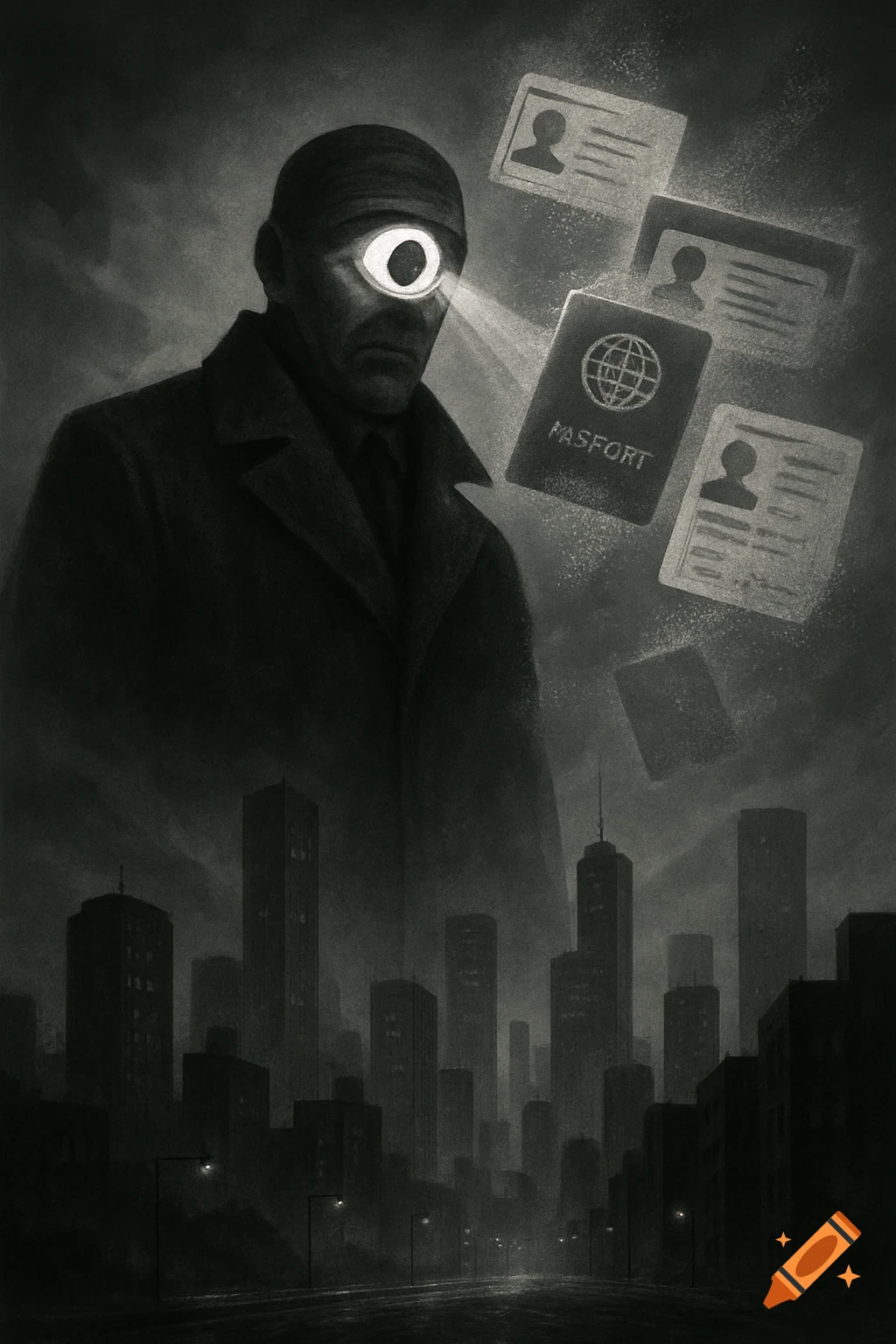 A cyclops man with a glowing eye overlooks a dark, foggy city as identity cards and a passport float around him.