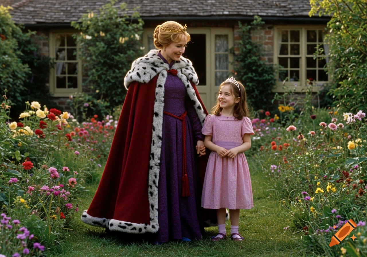 A woman in a red and fur-trimmed cloak and a girl in a pink dress, both with crowns, stand holding hands and smiling in a vibrant garden.