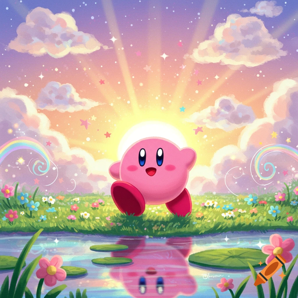 Kirby walks in a vibrant fantasy landscape with a pond, colorful flowers, and a bright sunrise with stars.