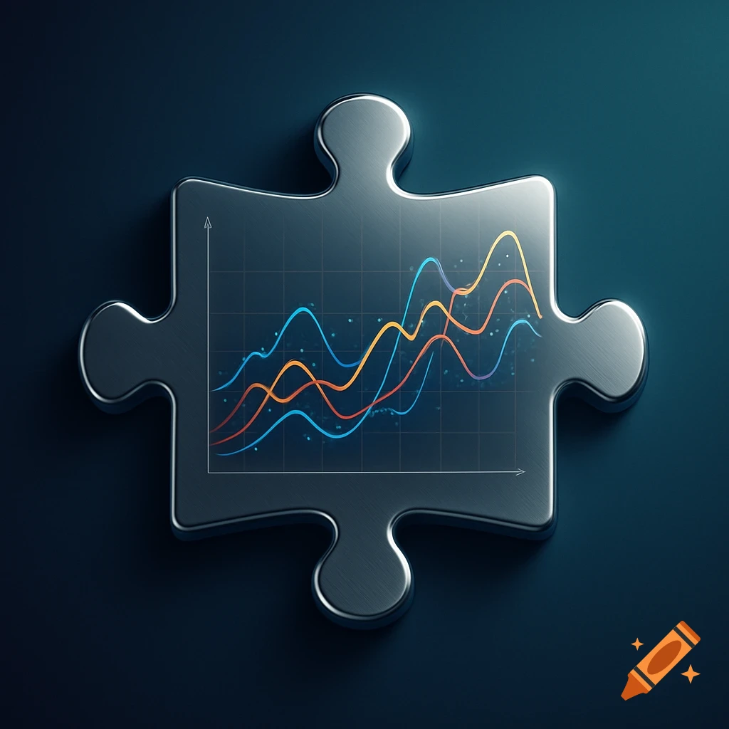 A shiny metallic puzzle piece containing a colorful, glowing line graph on a dark background.