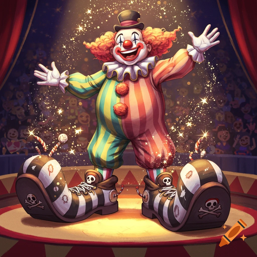 A colorful, smiling clown in a big striped suit and oversized shoes with skull and crossbones symbols, stands on a circus stage sparkling with magic.