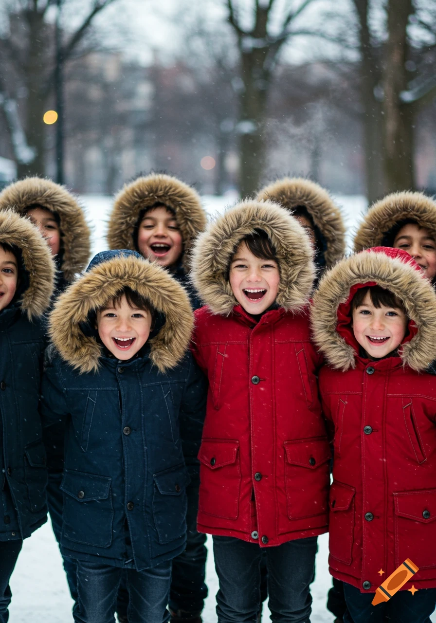 Group of smiling young boys in fur-hooded winter coats outdoors in the snow, looking at the camera. Photorealistic.