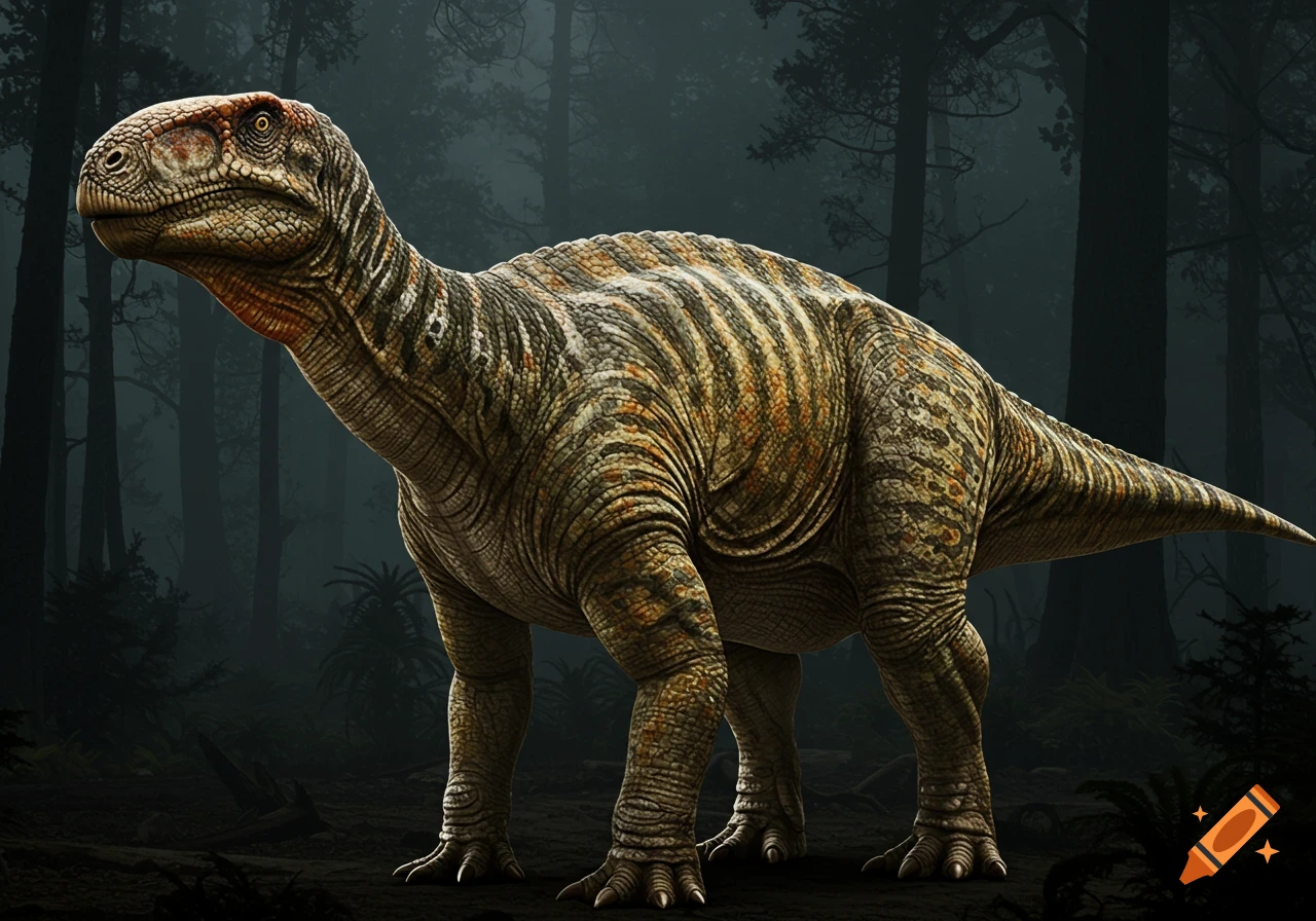 A photorealistic Iguanodon with intricate striped and spotted skin stands in a gloomy forest.