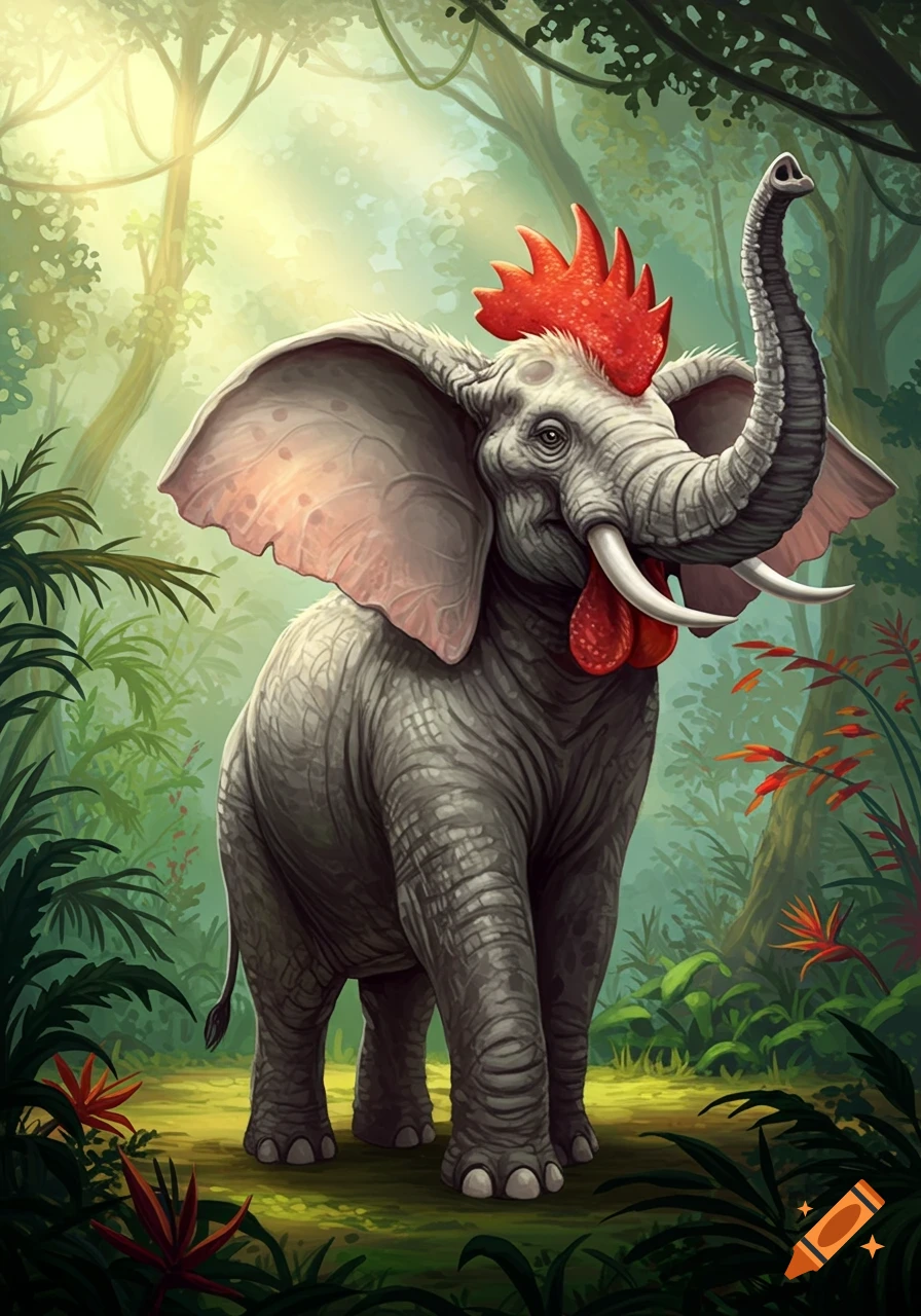 Digital illustration of an elephant-rooster hybrid with a red comb and wattle, trunk raised, in a sunlit jungle.