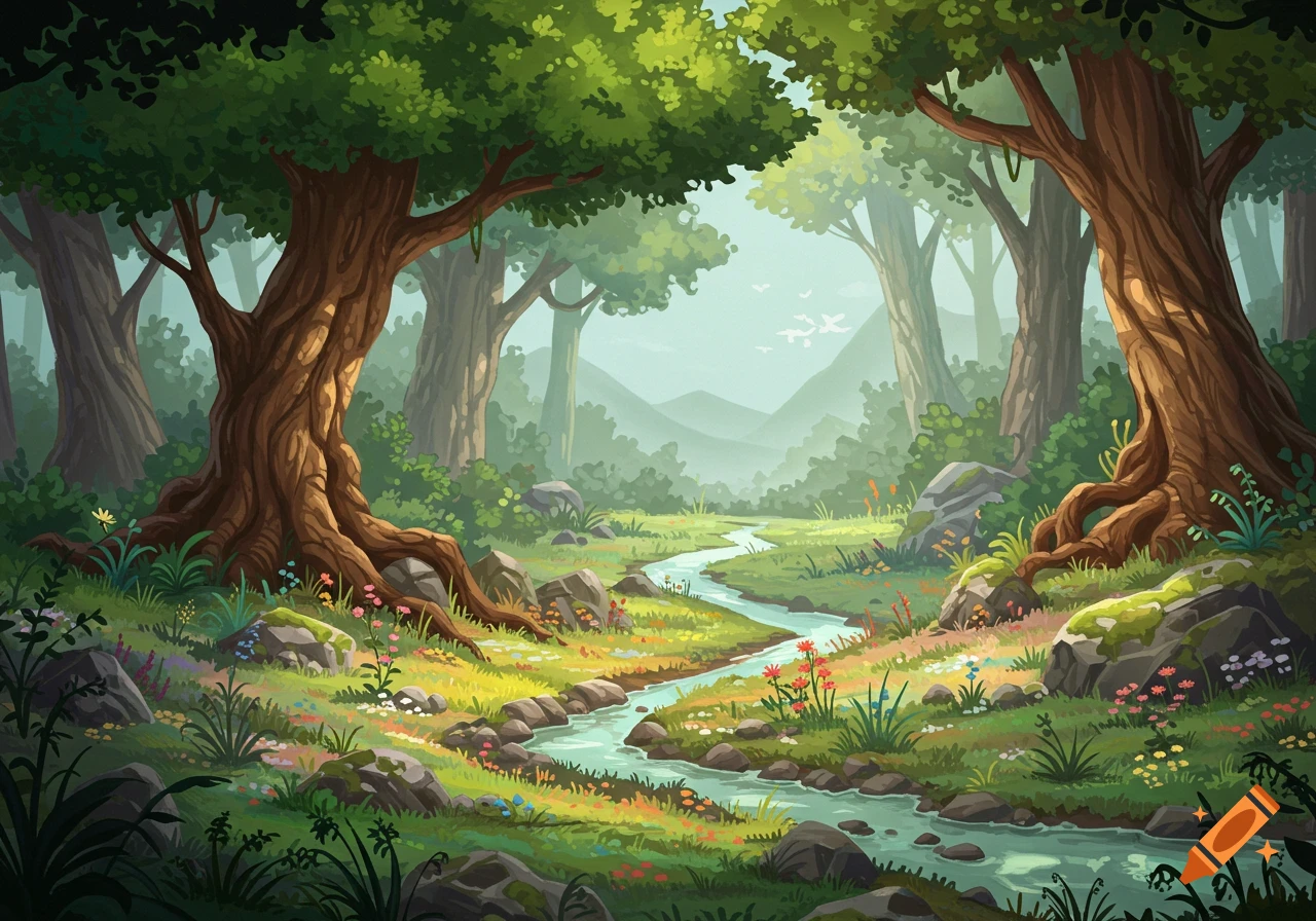 A vibrant, stylized illustration of a lush green forest with a winding river, large trees, rocks, and colorful flowers.