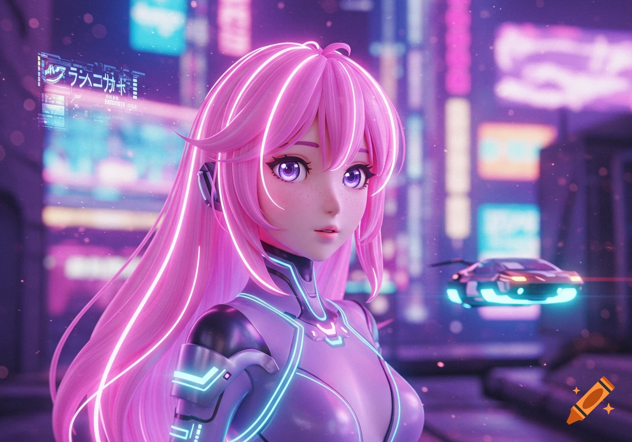 3D anime girl with pink hair, purple eyes, and a glowing futuristic suit in a neon cyberpunk city with a flying car.