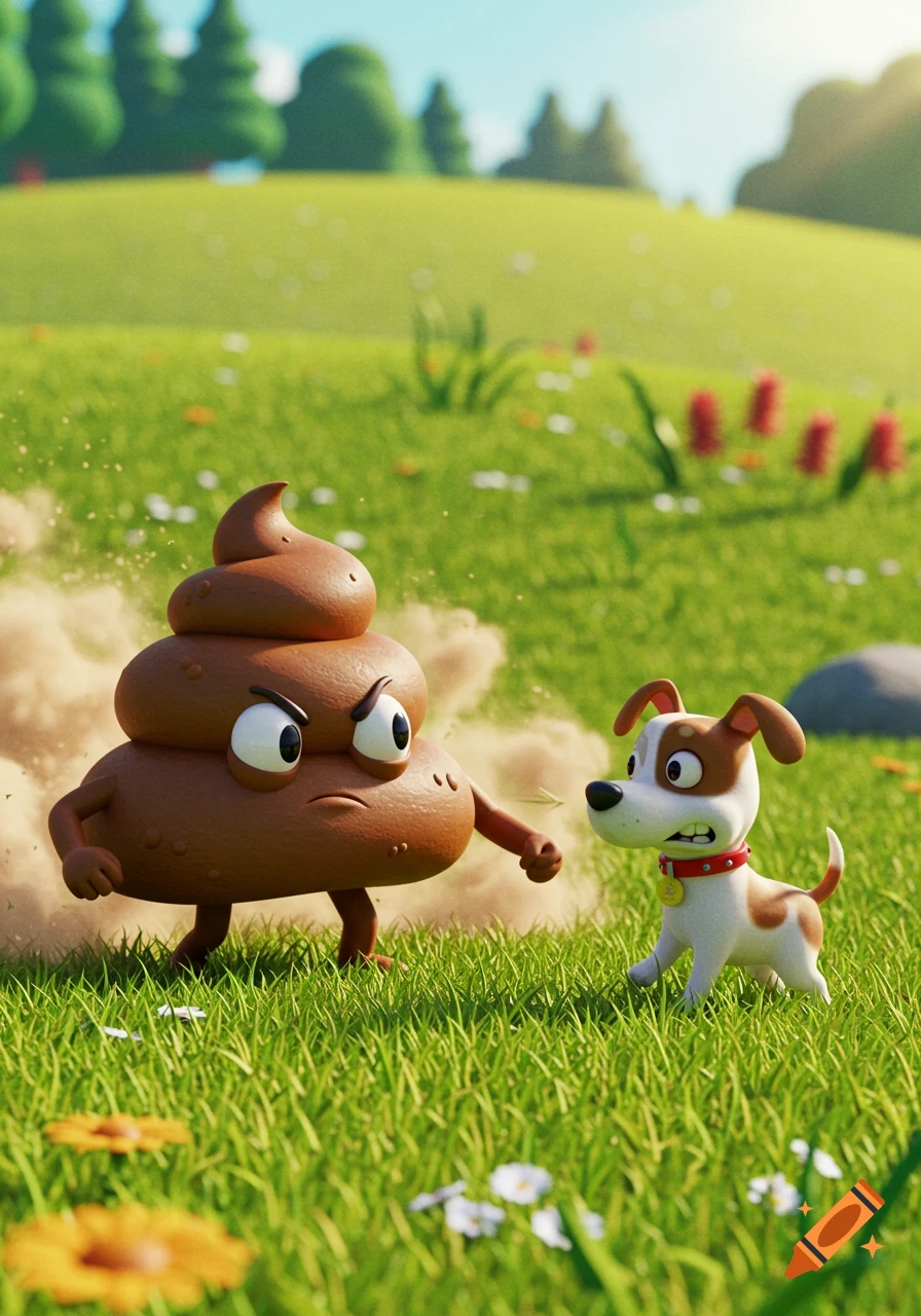 A cartoon pile of angry poop fighting a scared dog in a sunny green field.