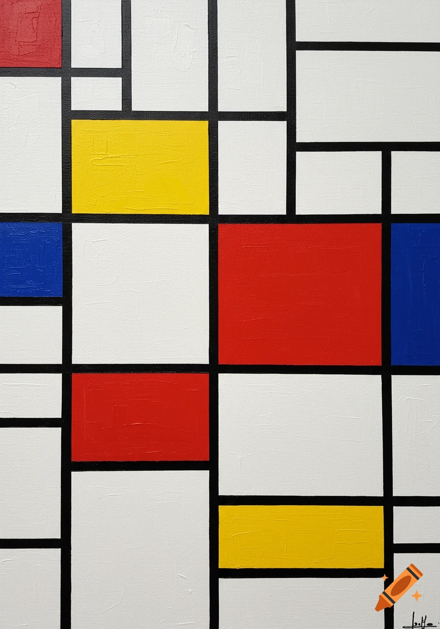 An abstract oil painting in the Mondrian style, featuring a grid of black lines separating rectangles of red, blue, yellow, and white.