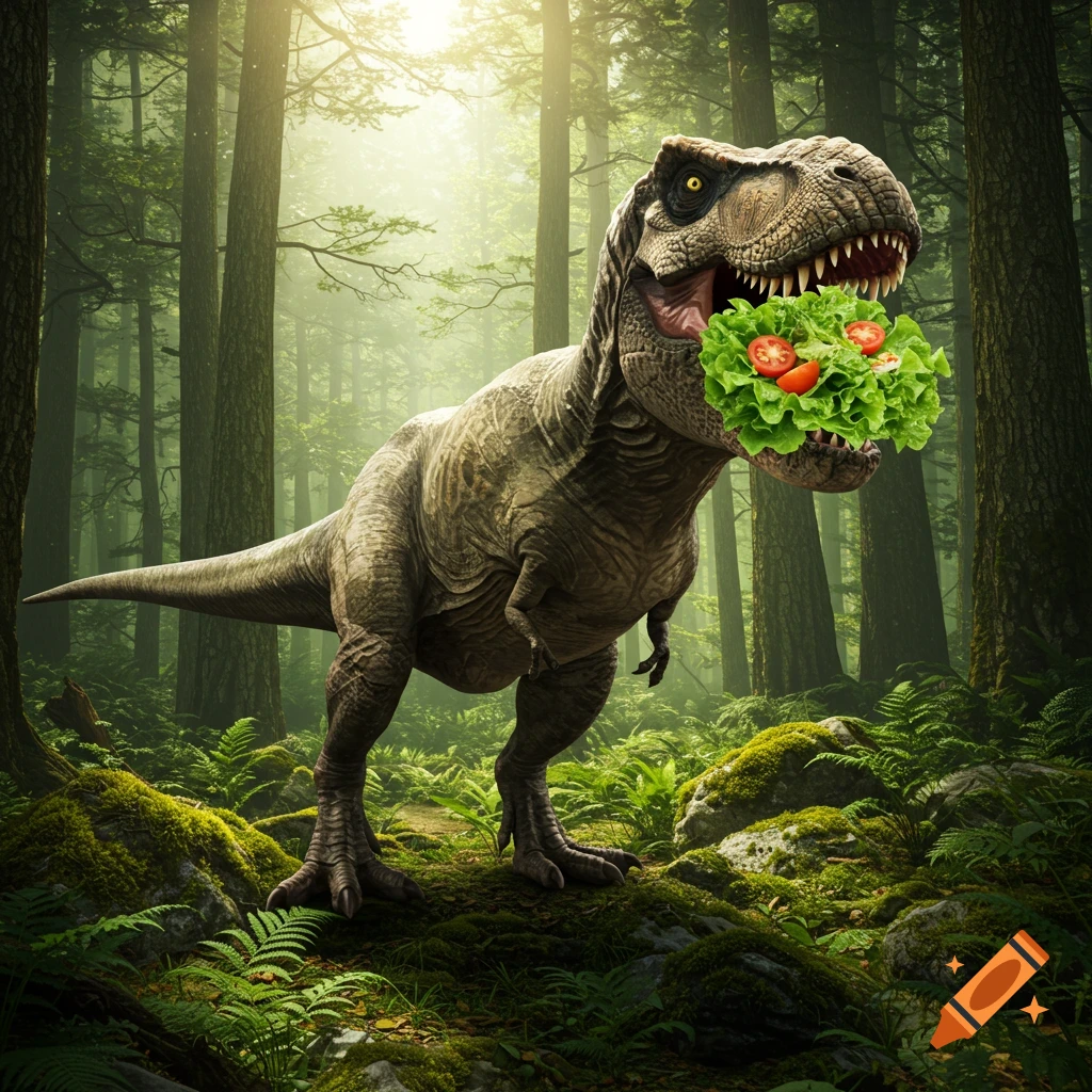 A photorealistic T-rex with a mouth full of green salad and red tomatoes stands in a sunlit prehistoric forest.