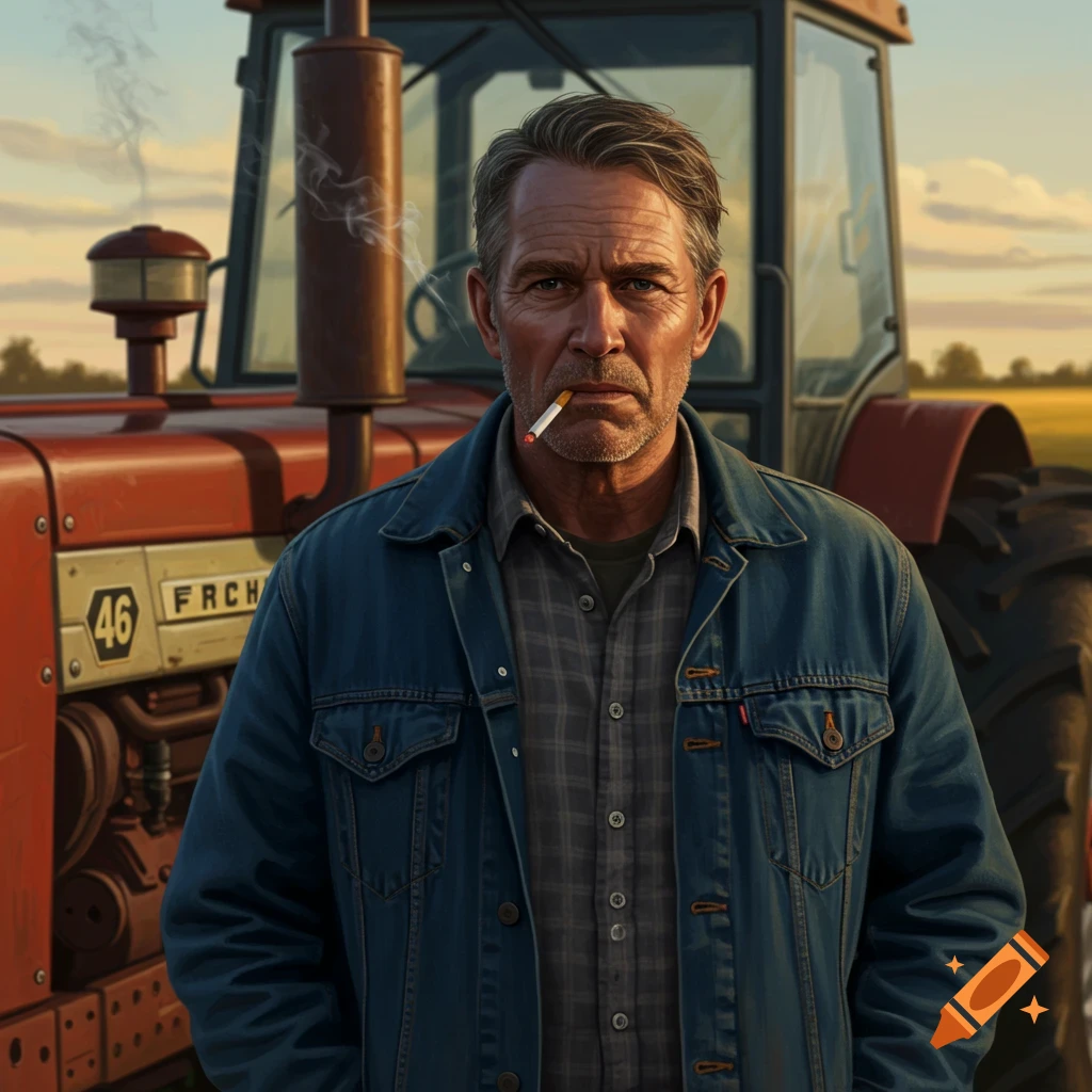 A serious-looking middle-aged farmer with a cigarette in his mouth stands in front of a red tractor in a field.