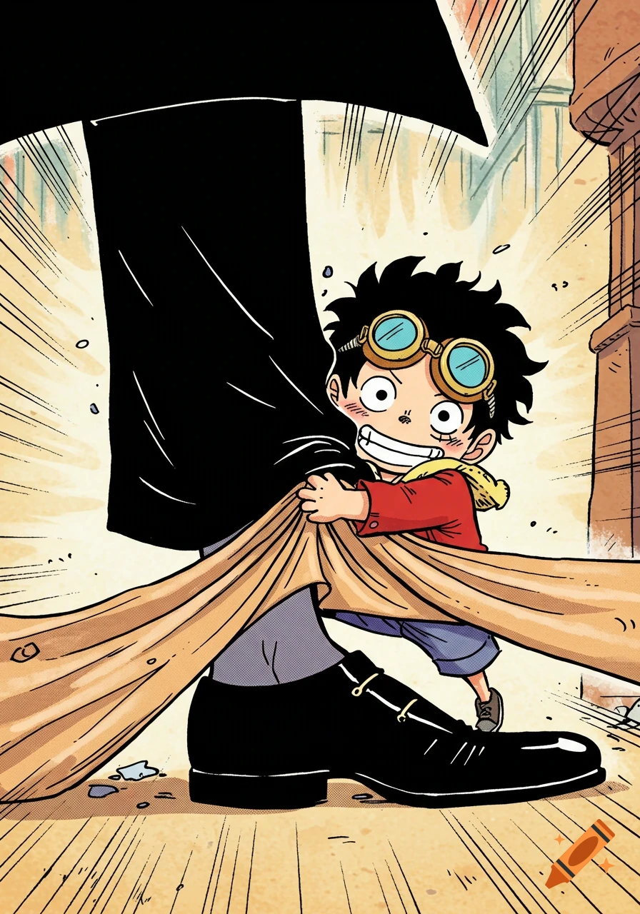 Manga-style child in goggles grins, holding onto a giant's black pant leg in a city street.
