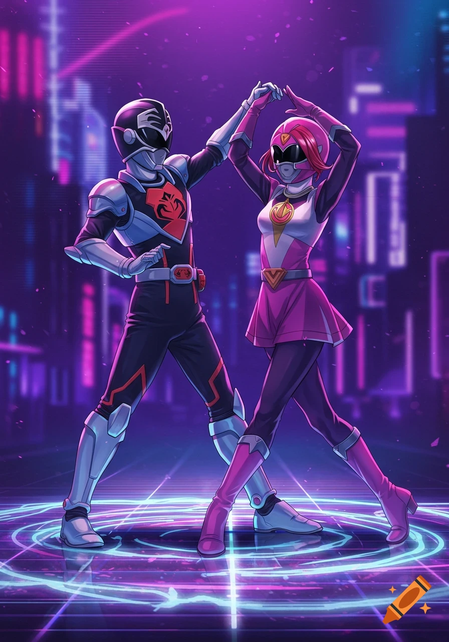 Anime illustration of a black and a pink armored superhero dancing in a neon-lit futuristic city.