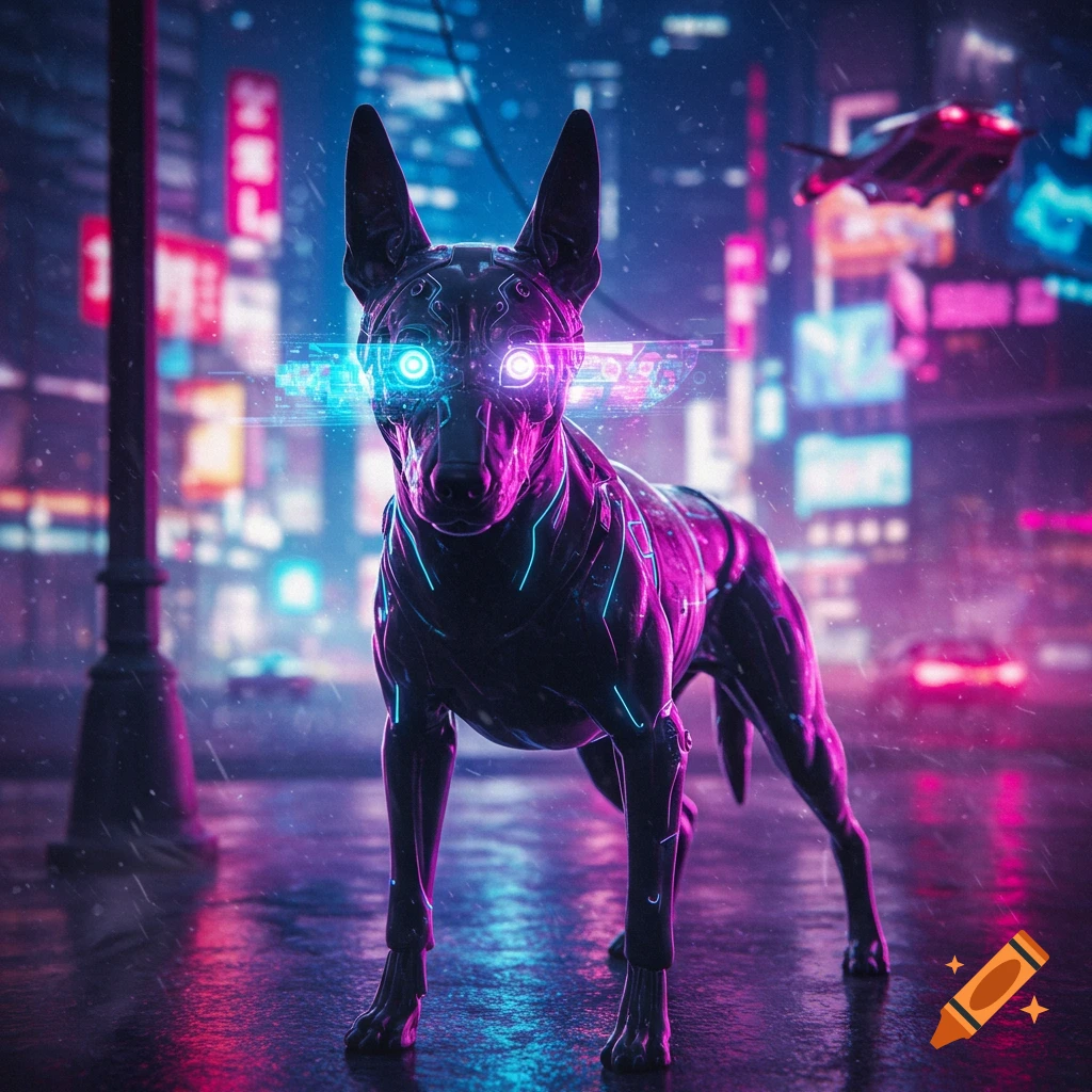 A dark, robotic dog with glowing neon blue and pink eyes stands on a wet street in a vibrant cyberpunk city at night.