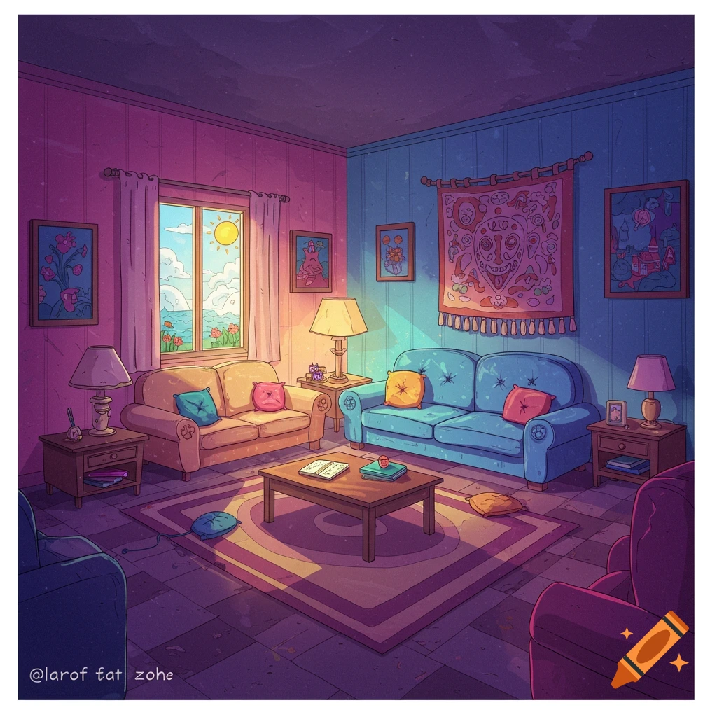 A vibrant cartoon living room with pink and blue walls, a yellow and a blue couch, a coffee table, and a sunlit window overlooking the ocean.