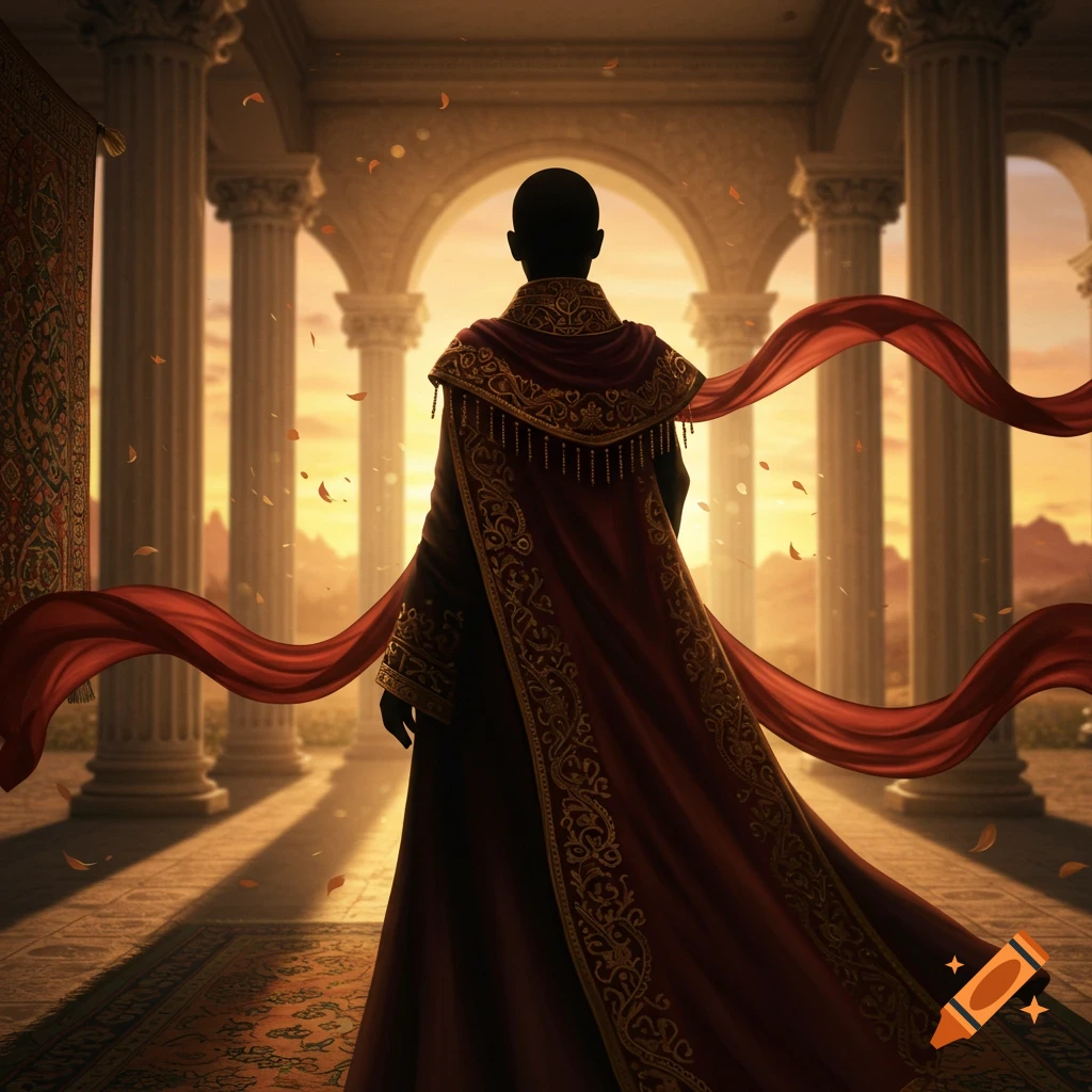 A regal figure in a red and gold robe stands in an ancient colonnade, looking at a sunset, with petals falling.
