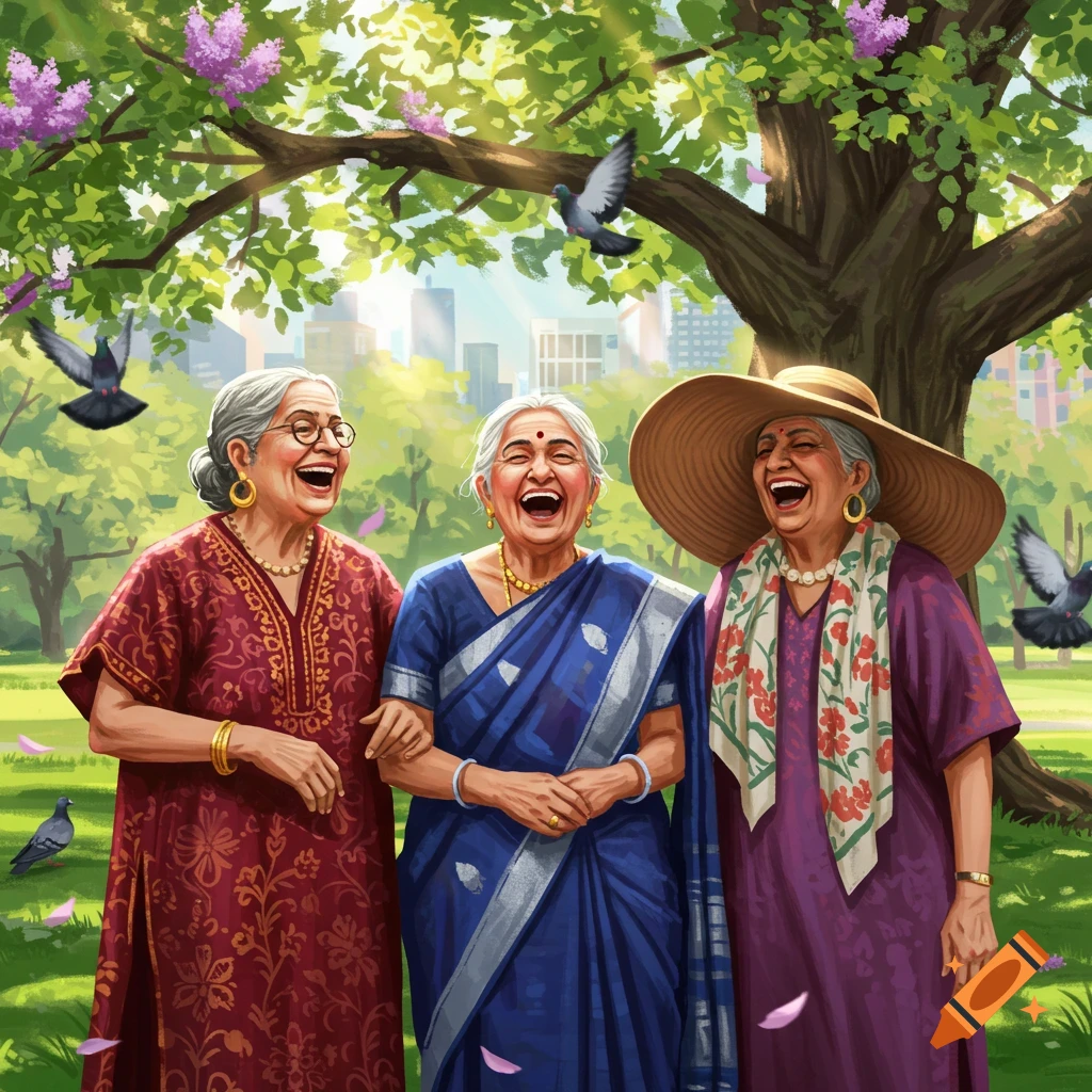 Three joyful elderly Indian women in traditional clothing laugh together in a sunny park with trees and pigeons.