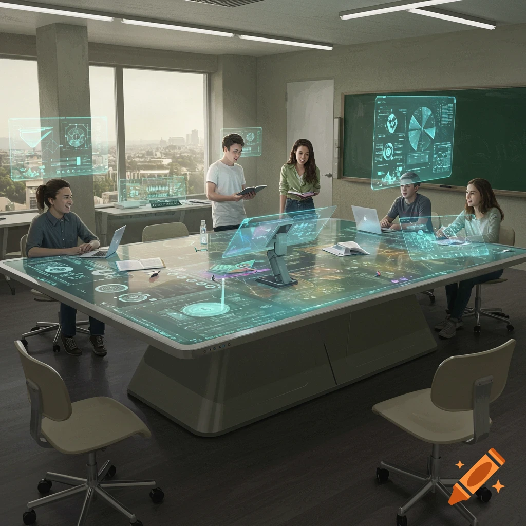 Students interact with holographic displays and a large digital table in a modern classroom, showcasing futuristic technology.