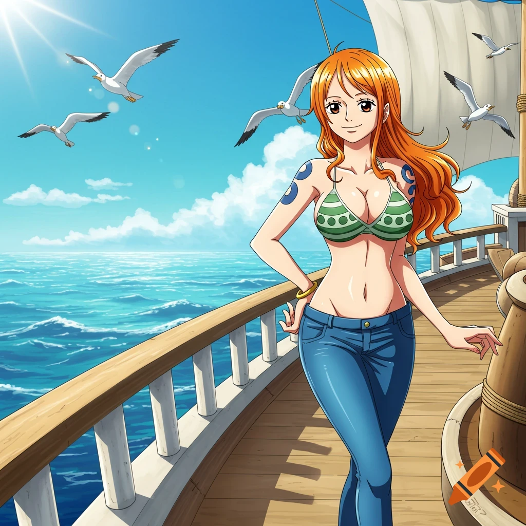 Anime-style Nami from One Piece on a ship deck, wearing a green bikini top and jeans, with seagulls flying over the ocean.