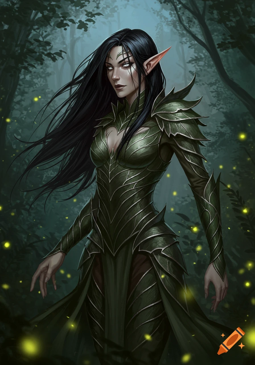 A dark-haired elf woman in green leaf armor stands in a magical, dark forest with glowing fireflies, digital painting.