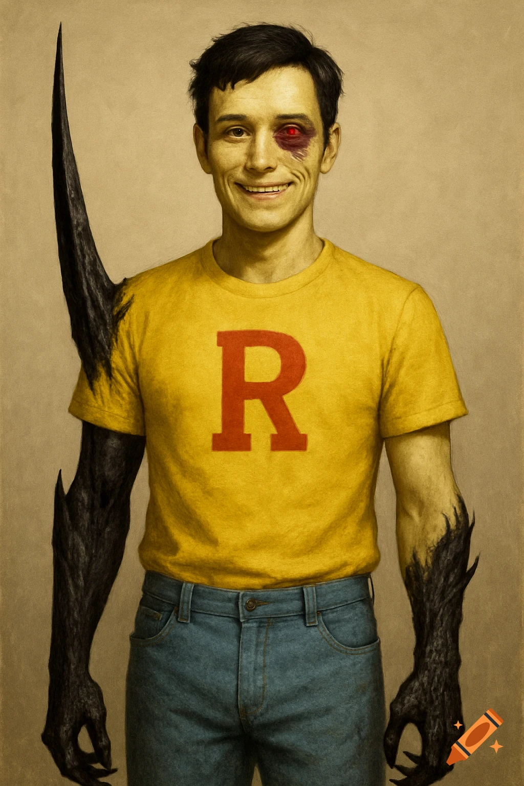 A man with a black eye and red corrupted eye, smiling in a yellow shirt with a red 'R', with black corrupted, clawed arms.
