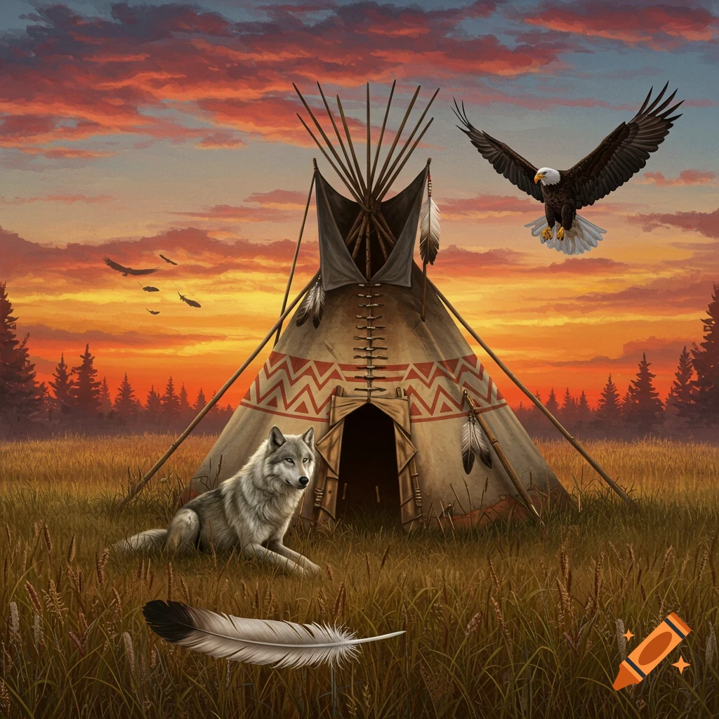 A gray wolf lies in a field of tall grass in front of a teepee during a vibrant sunset, with a bald eagle flying above.