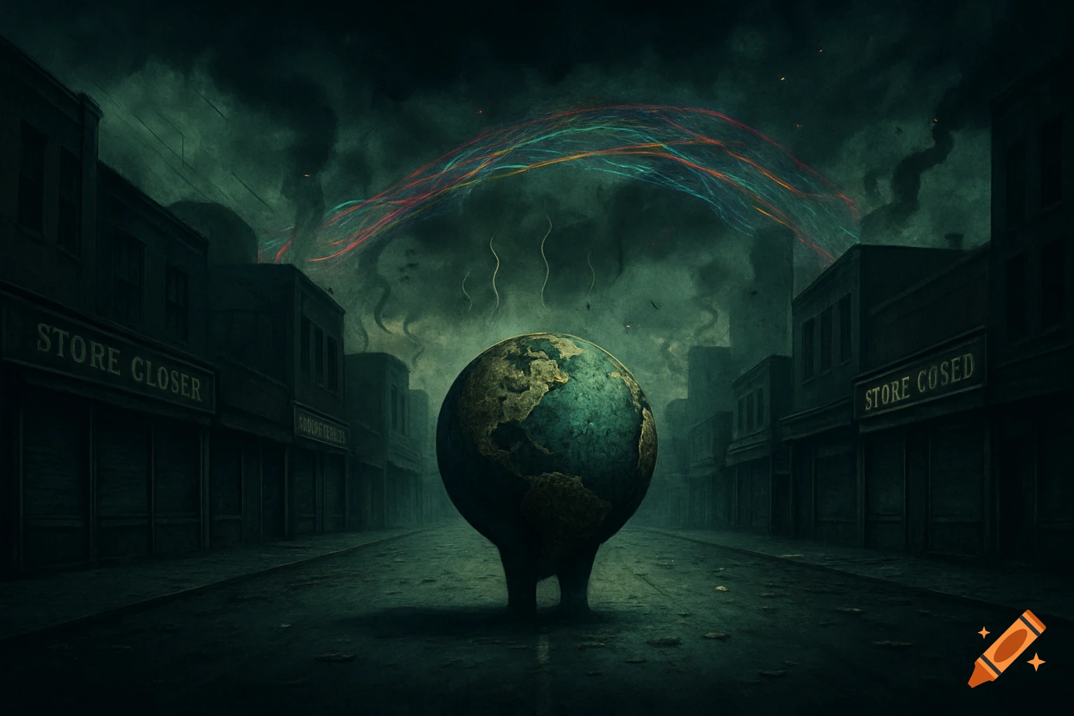A large globe with legs stands on a desolate street surrounded by dark, closed buildings under a stormy sky with colorful streaks of light.
