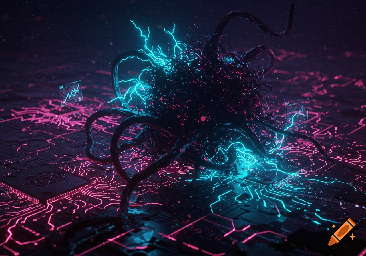 Dark, tentacled entity emitting electric blue energy on a glowing pink circuit board, evoking a digital threat in a cyberpunk style.