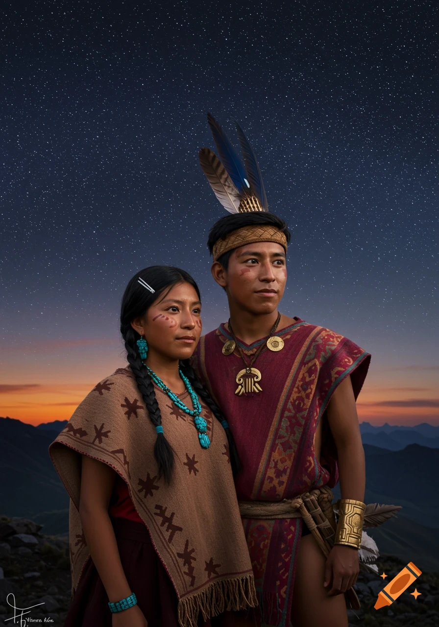 A young Incan couple in traditional clothes stands on an Andean mountain at twilight, gazing at a starry night sky.