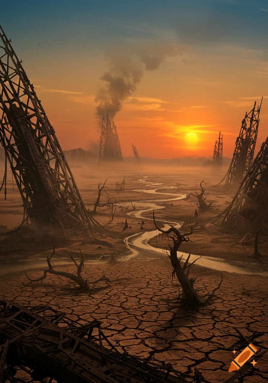 A desolate post-apocalyptic landscape with cracked earth, a winding river, dead trees, and towering ruined structures under an orange sunset.