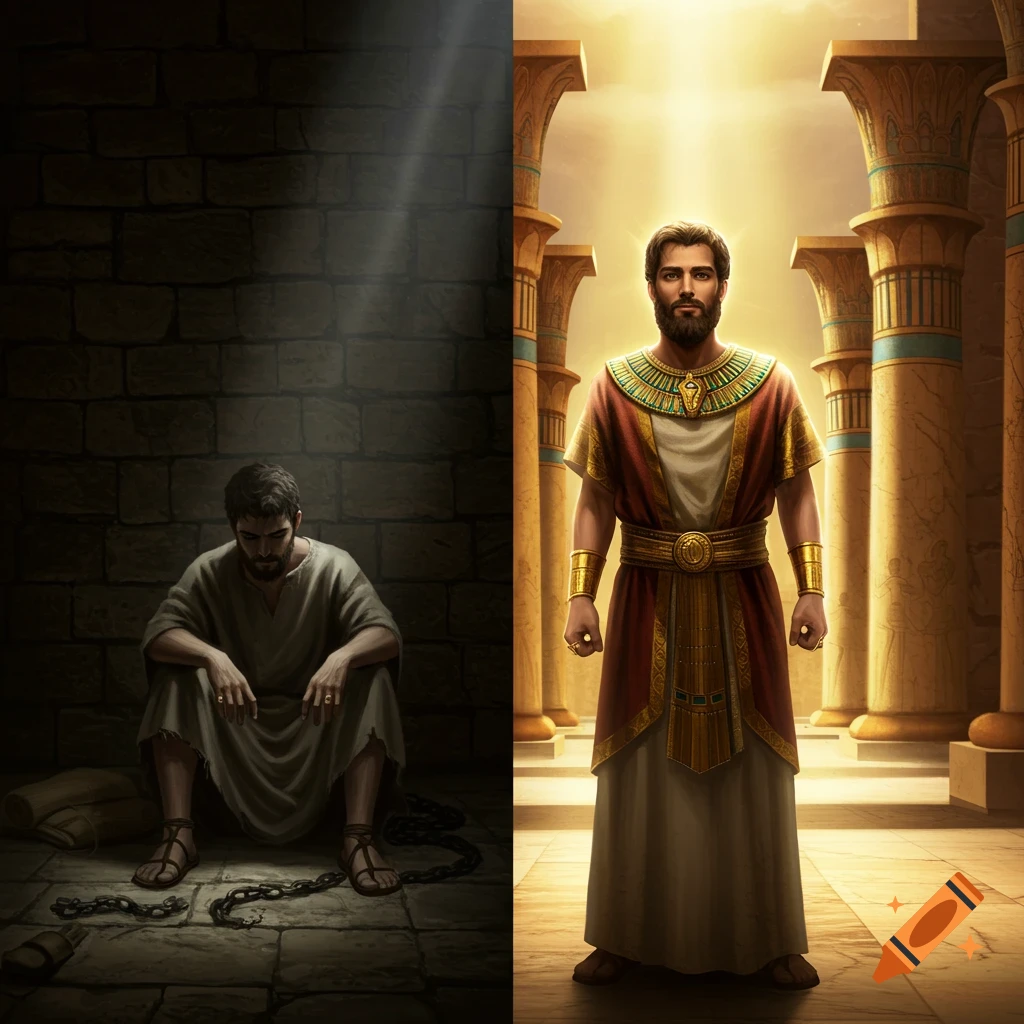 Split biblical illustration: Joseph in a dark prison cell on the left, then in royal Egyptian robes in a grand palace on the right.