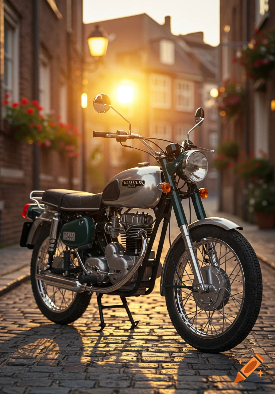 A vintage green and silver Hercules motorcycle parked on a cobblestone street at sunset, with warm sunlight illuminating the scene.