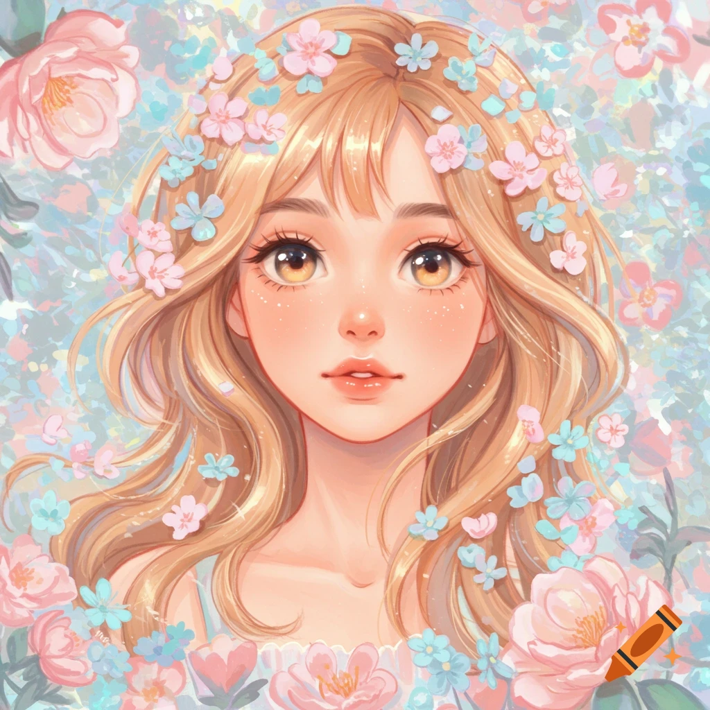 Anime girl with blonde hair and brown eyes, surrounded by pastel pink and blue flowers in a gentle style.
