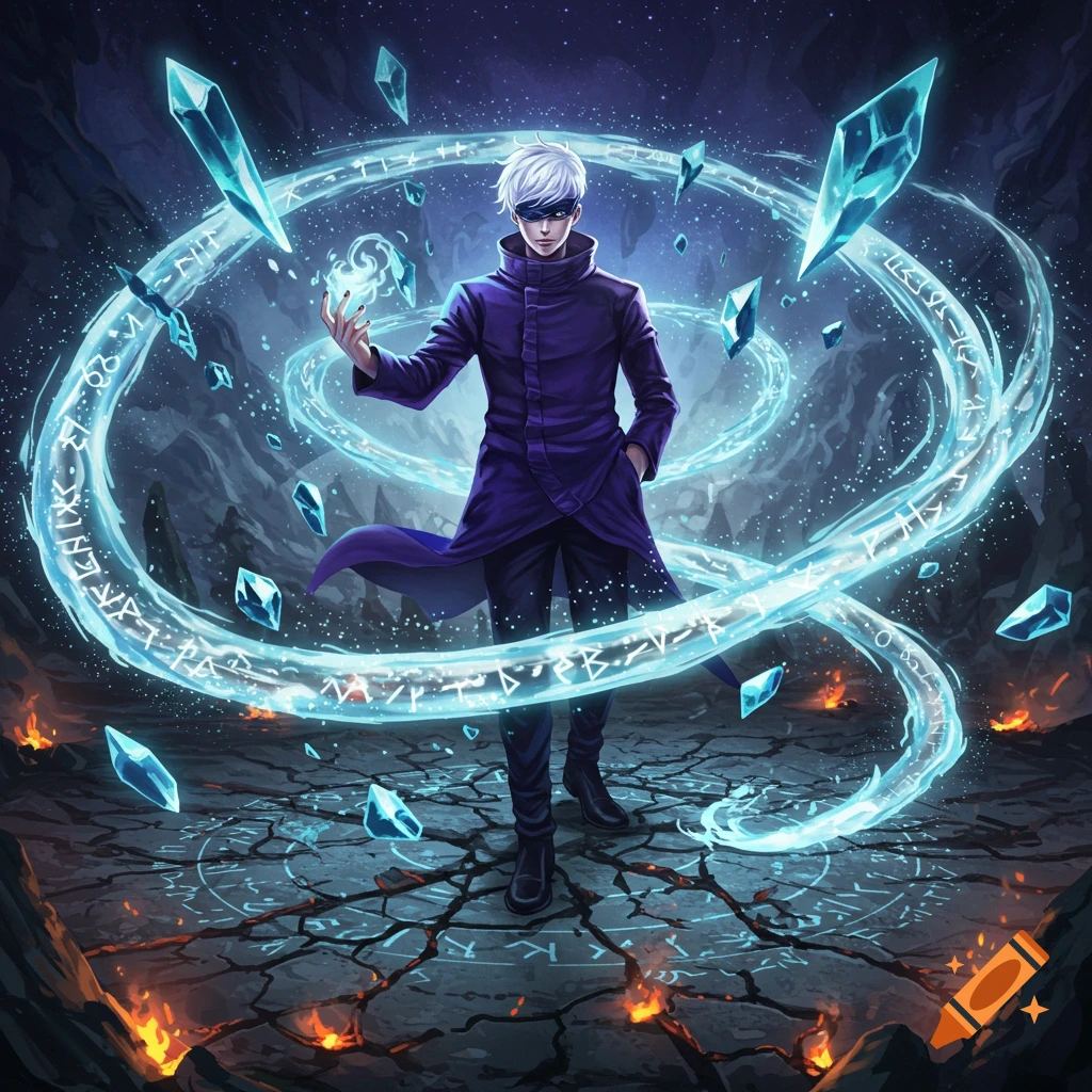 White-haired anime character with blindfold, Gojo Satoru, wielding blue magic and crystals in a dark, cracked landscape with fire.