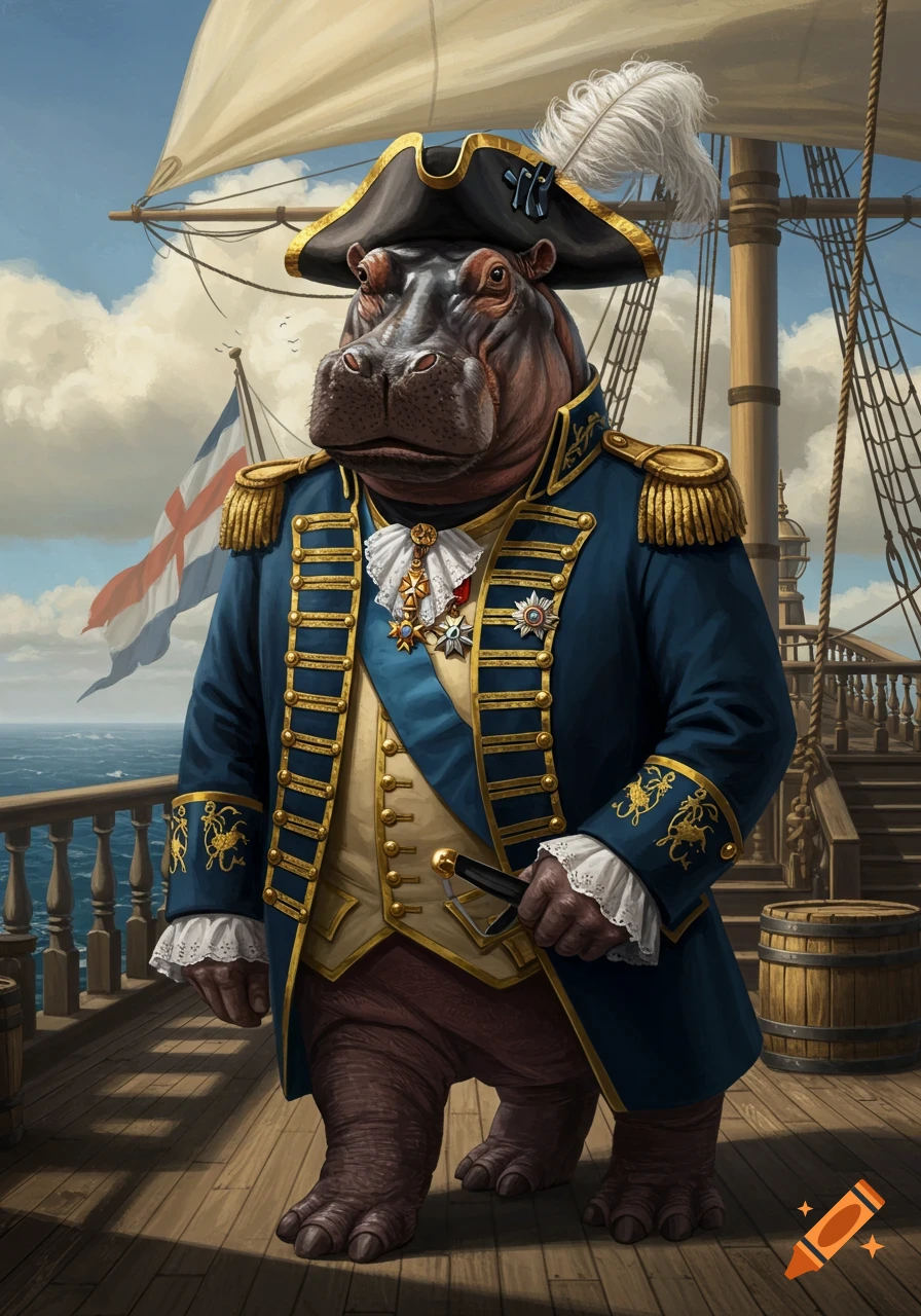 A photorealistic hippo in a detailed blue and gold admiral's uniform and bicorne hat, holding a sword on a ship's deck.
