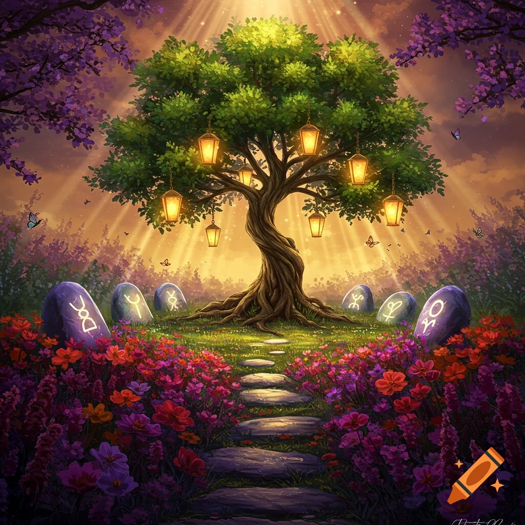 A mystical tree with glowing lanterns surrounded by colorful flowers, rune stones, and a stone path in a fantasy forest.