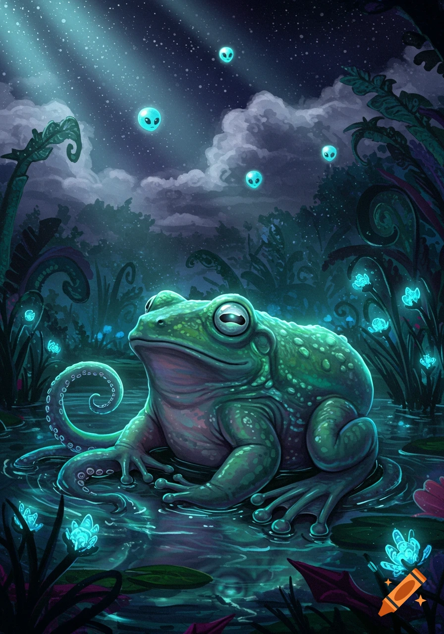 A fantastical green frog with an octopus tentacle tail sits in glowing swamp water at night, with luminous plants and alien heads in the starry sky. Illustrated.