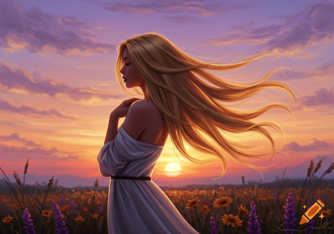 An illustration of a woman with long blonde hair blowing in the wind, standing in a field of flowers at sunset.
