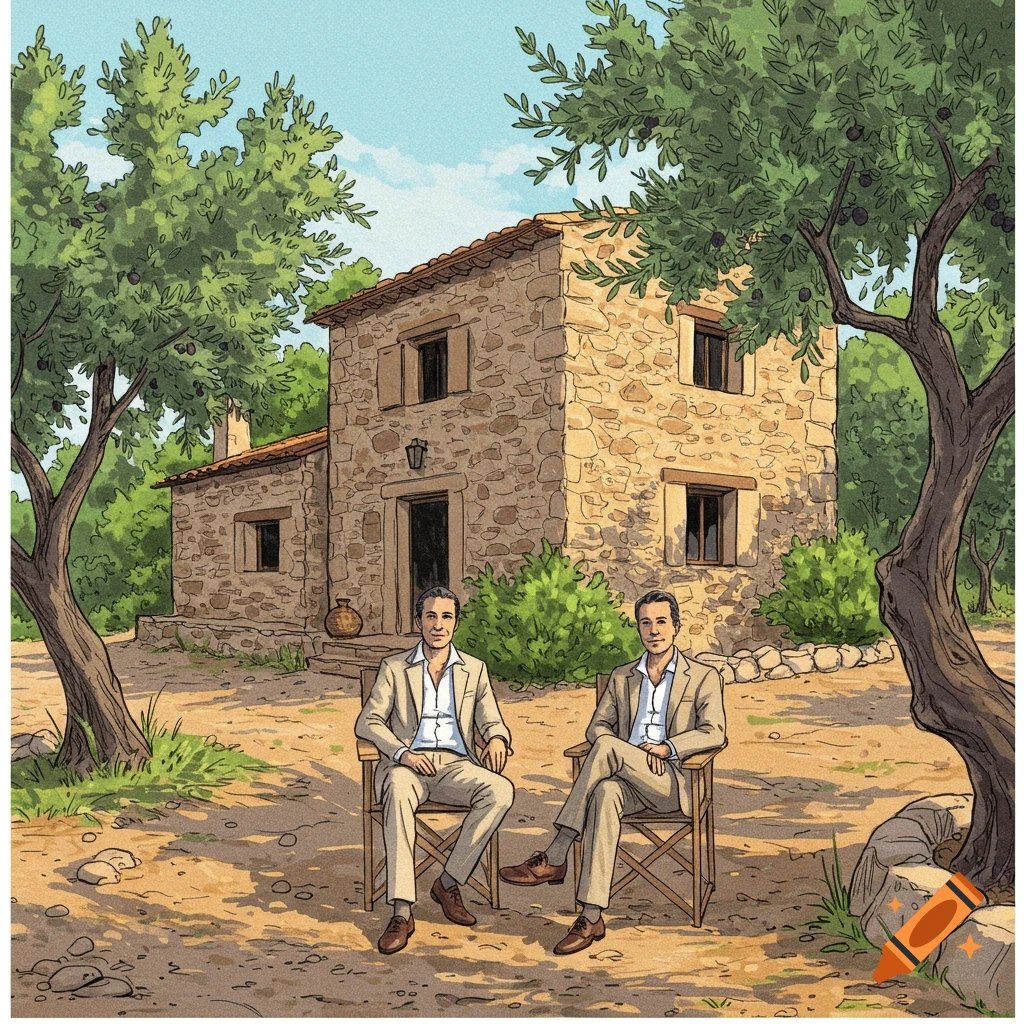 Two men in relaxed business attire sit in front of a rustic stone house with olive trees in an artistic sketch style.