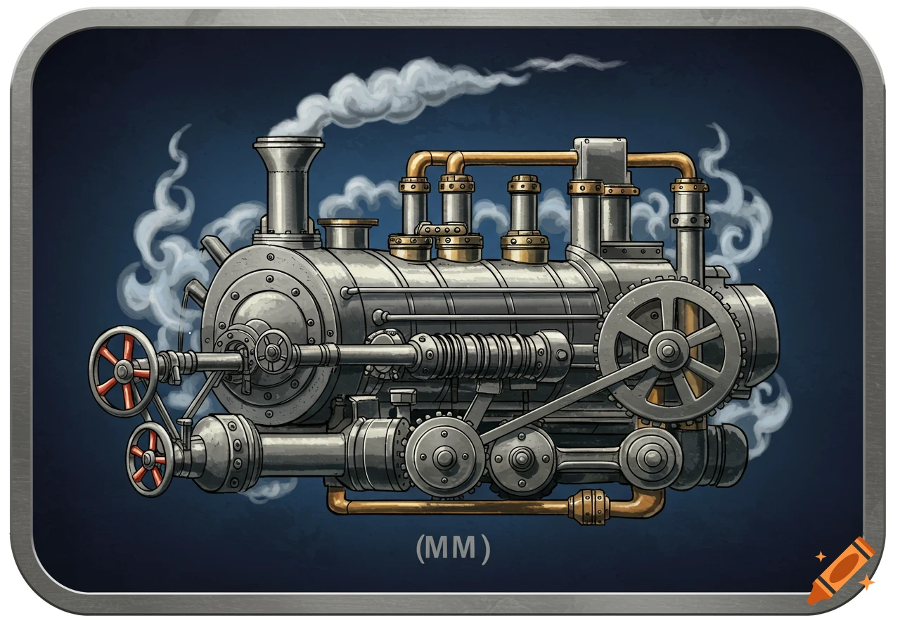 Illustrated side view of a detailed gray and gold steam train with smoke, on a dark blue background.